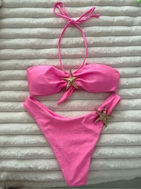 Shein Hot Pink Gold Star Bikini Set